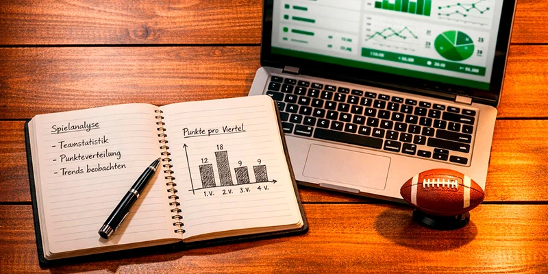 Notizbuch und Laptop mit Football-Statistiken für Wettanalyse