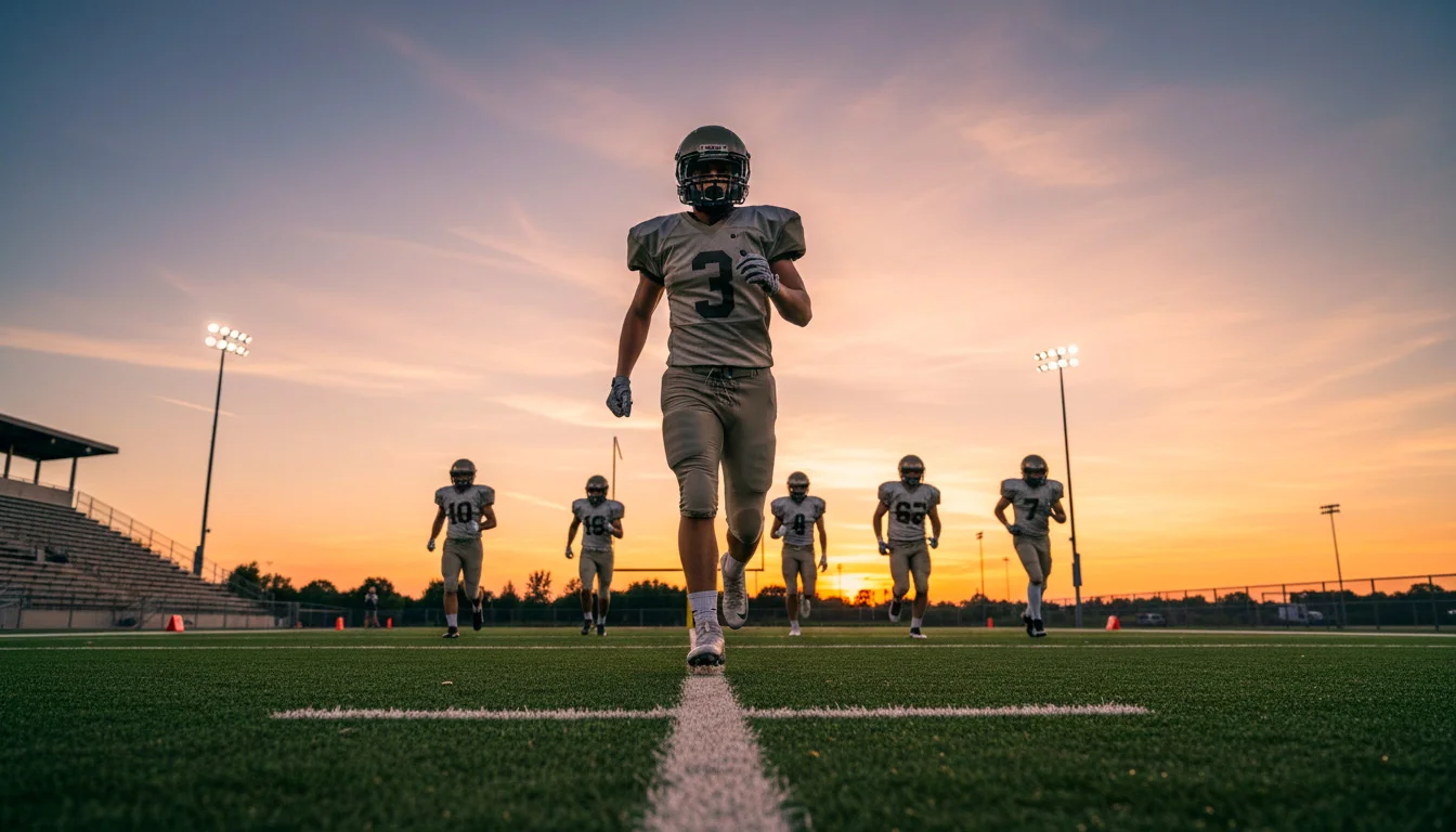NFL-Spieler laufen bei Sonnenuntergang auf ein American-Football-Feld mit Flutlichtmasten im Hintergrund