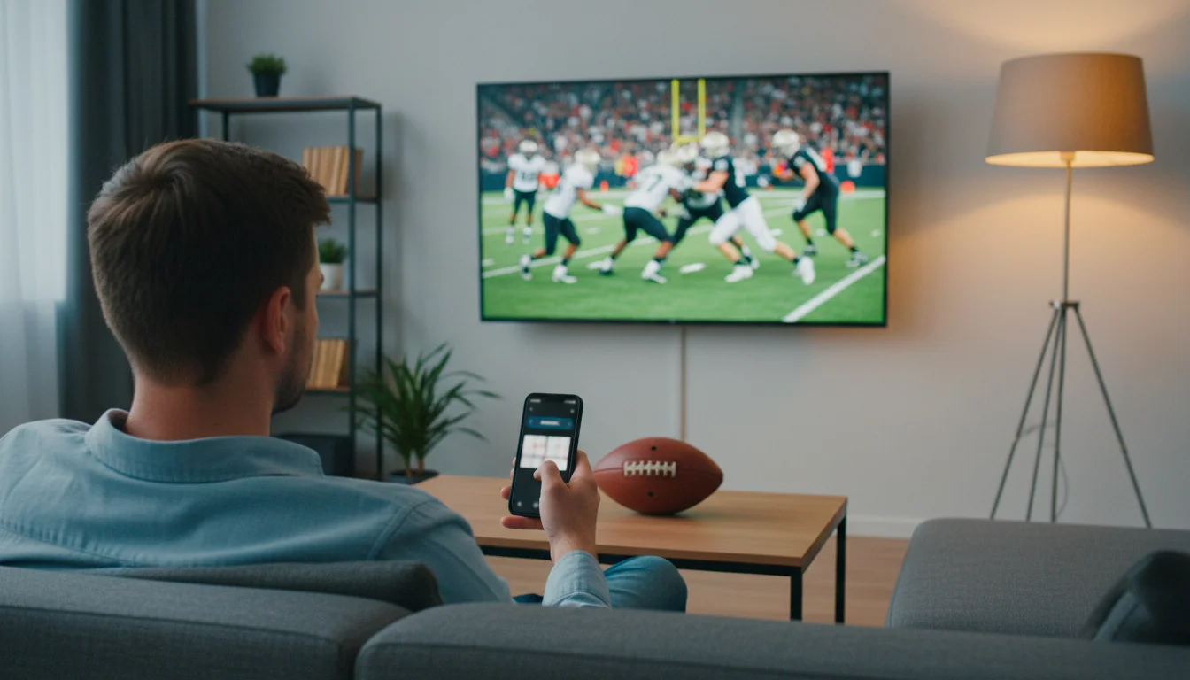 Junger Mann verfolgt ein NFL-Spiel auf dem Fernseher und hält ein Smartphone in der Hand
