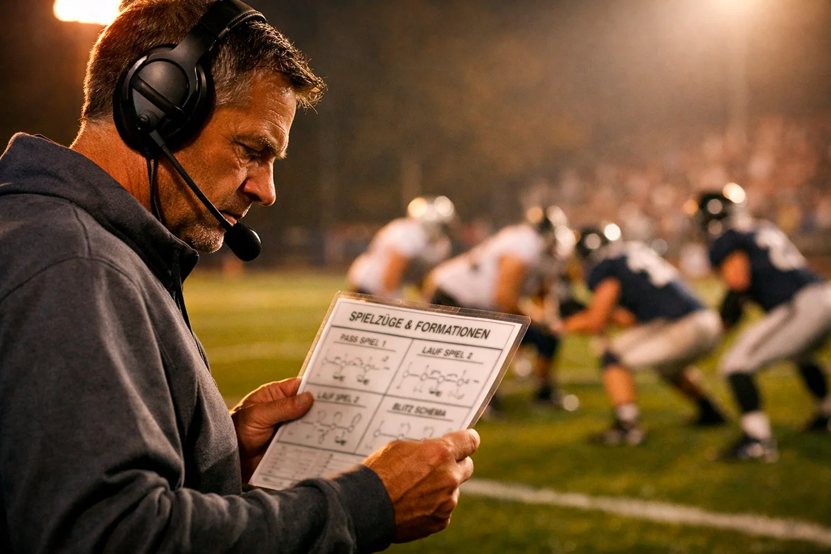 Football-Trainer analysiert Spielstrategie am Spielfeldrand eines NFL-Stadions
