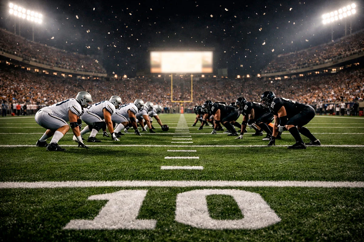 Blick auf ein voll besetztes NFL-Stadion am Super Bowl Abend mit Flutlichtbeleuchtung und Spielern auf dem Rasen